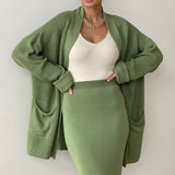 Minimalist Open Front Knit Cardigan and Bodycon Midi Skirt Matching Set