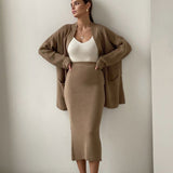 Minimalist Open Front Knit Cardigan and Bodycon Midi Skirt Matching Set