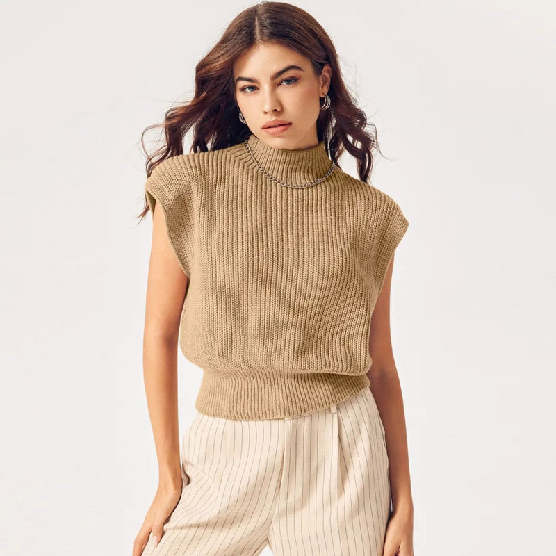 Minimalist Solid Color Mock Neck Cap Sleeve Brioche Knit Pullover Crop Sweater Vest