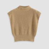 Minimalist Solid Color Mock Neck Cap Sleeve Brioche Knit Pullover Crop Sweater Vest