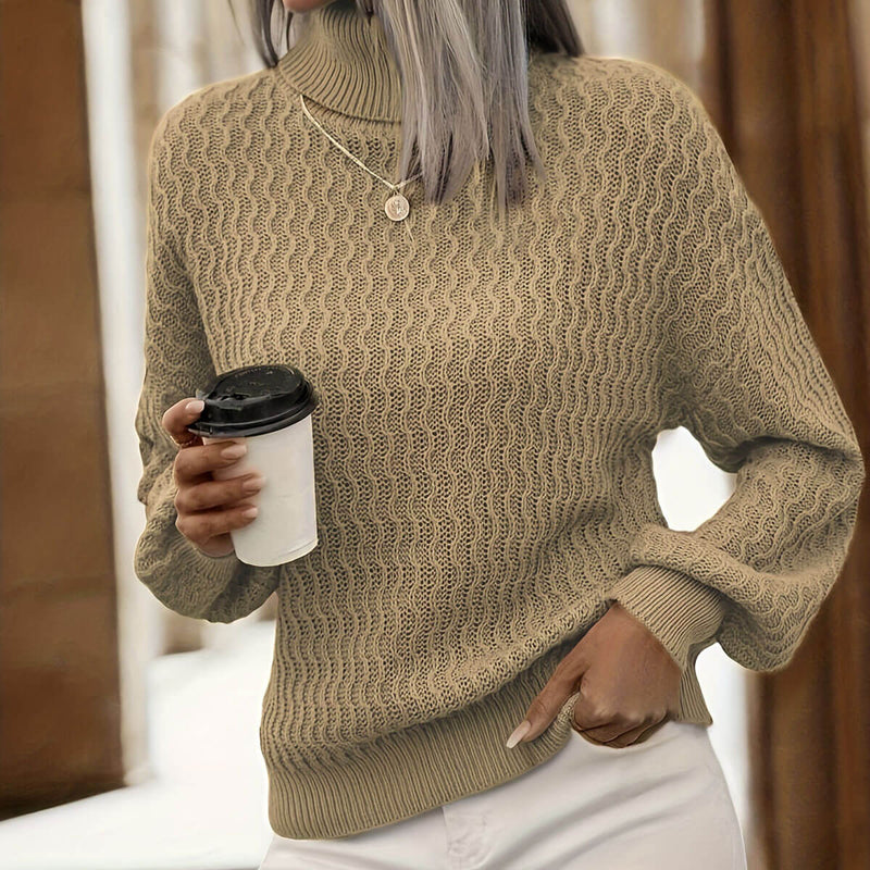 Monochrome Turtleneck Long Sleeve Drop Shoulder Wavy Knit Oversized Sweater