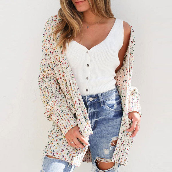 Multicolored Spotted Drop Shoulder Long Sleeve Open Front Knit Cardigan