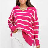 Contrast Striped Collared V Neck Drop Shoulder Split Hem Oversized Sweater