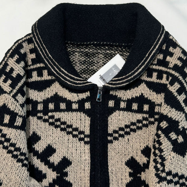 Nordic Fair Isle Jacquard Knit Stand Collar Long Sleeve Zip Up Men Winter Cardigan