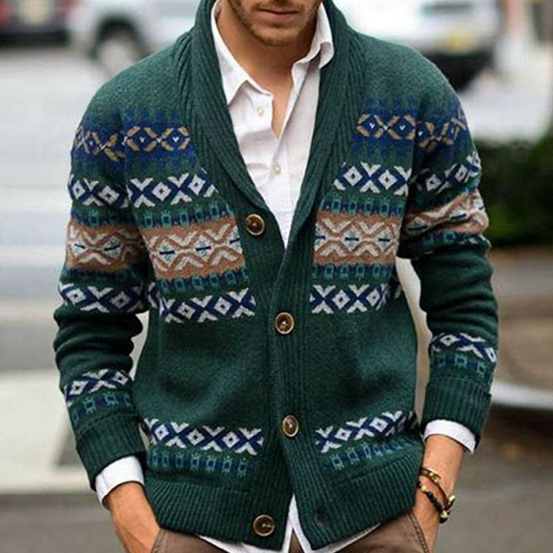 Nordic Fair Isle Jacquard Rib Knit Shawl Collar Men Winter Button Up Cardigan