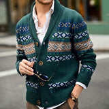 Nordic Fair Isle Jacquard Rib Knit Shawl Collar Men Winter Button Up Cardigan