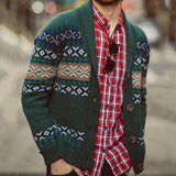 Nordic Fair Isle Jacquard Rib Knit Shawl Collar Men Winter Button Up Cardigan