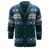 Nordic Fair Isle Jacquard Rib Knit Shawl Collar Men Winter Button Up Cardigan