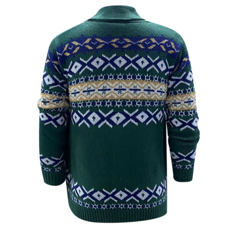 Nordic Fair Isle Jacquard Rib Knit Shawl Collar Men Winter Button Up Cardigan