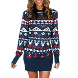 Nordic Fair Isle Ribbed Knit Long Sleeve Christmas Sweater Mini Dress