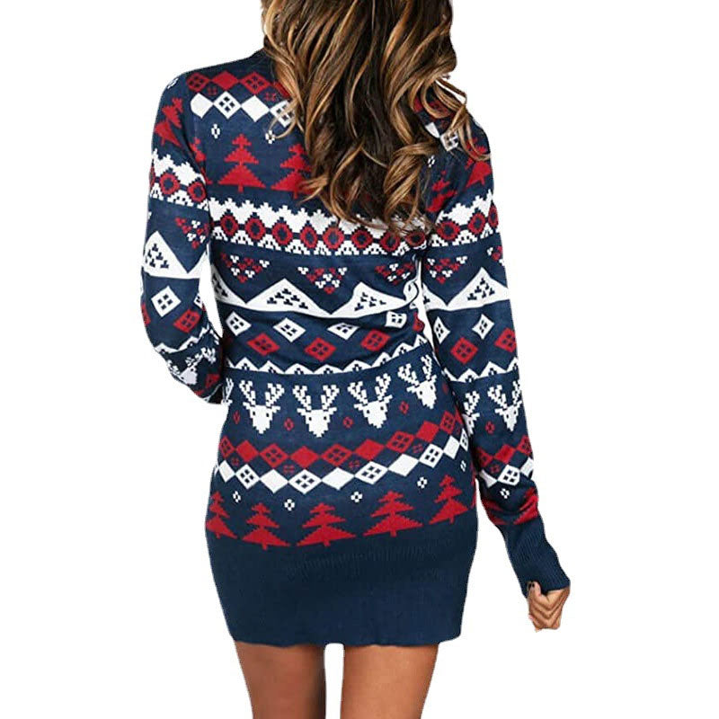 Nordic Fair Isle Ribbed Knit Long Sleeve Christmas Sweater Mini Dress