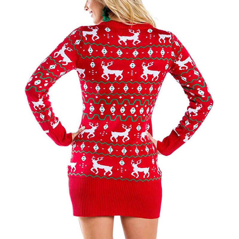 Nordic Fair Isle Ribbed Knit Long Sleeve Christmas Sweater Mini Dress