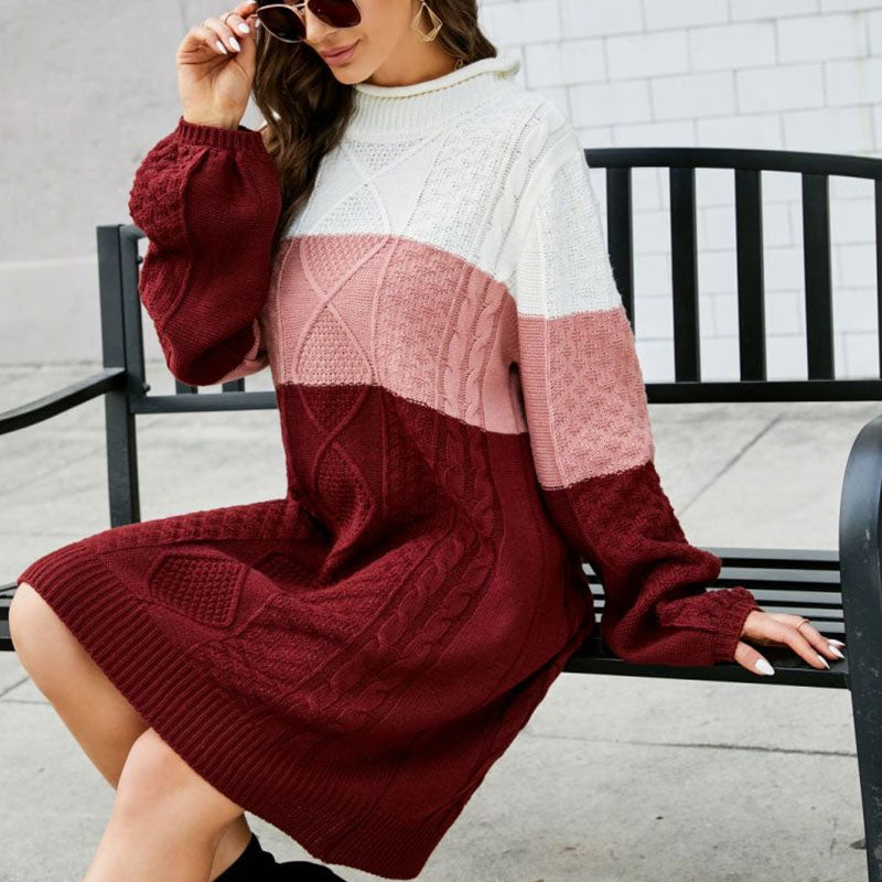 Nordic Roll Neck Bishop Sleeve Fisherman Cable Knit Winter Sweater Mini Dress