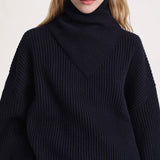 Nordic Wrap Neck Drop Shoulder Chunky Ribbed Knit Oversized Wool Sweater