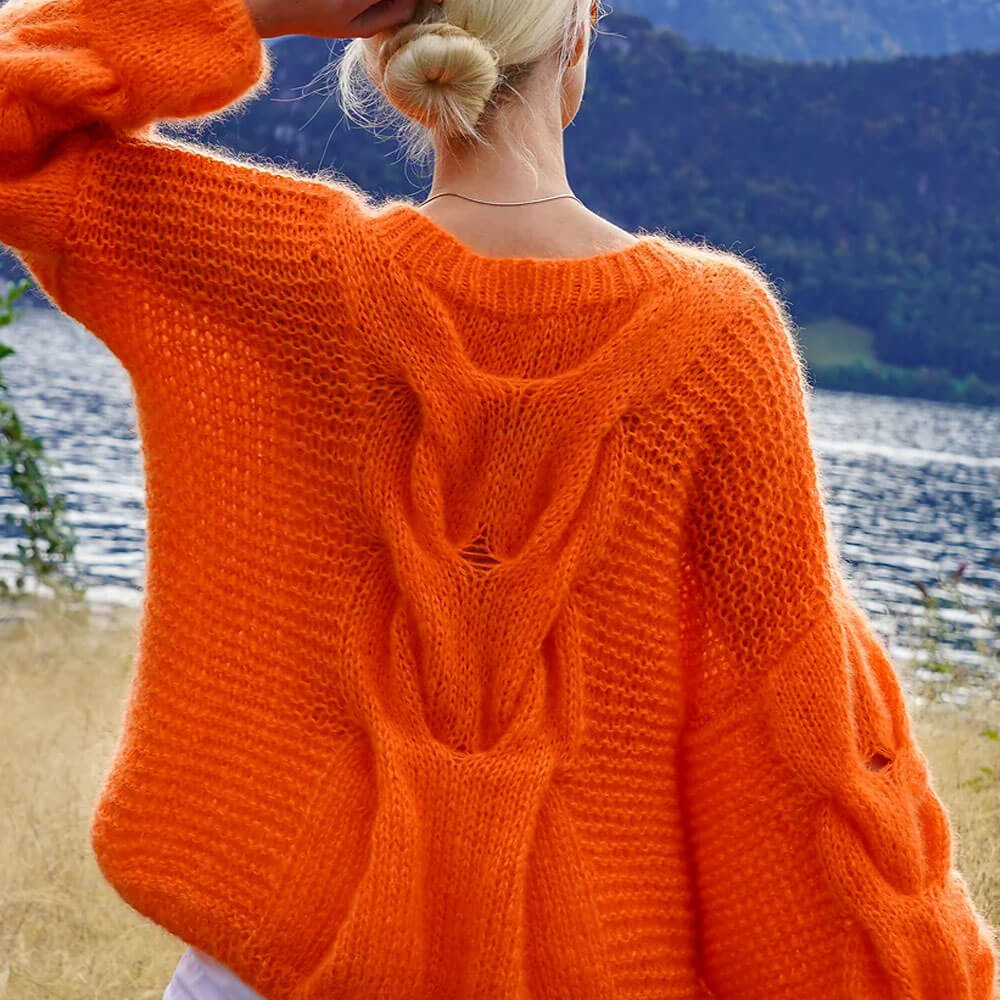 Oversized Boat Neck Bishop Sleeve Hand Made Chunky Crochet Cable Knit