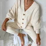 Oversized Button Up Cable Knit Cardigan and Skinny Knit Pants Matching Set