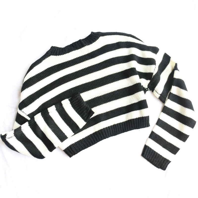 Oversized Crew Neck Long Sleeve Drop Shoulder Crop Black and White Sweater