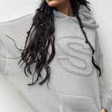Oversized Letter Jacquard Knit Drop Shoulder Long Sleeve Pocket Hooded Sweater