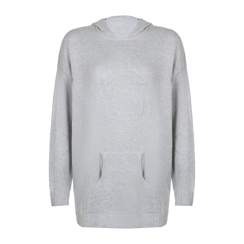 Oversized Letter Jacquard Knit Drop Shoulder Long Sleeve Pocket Hooded Sweater