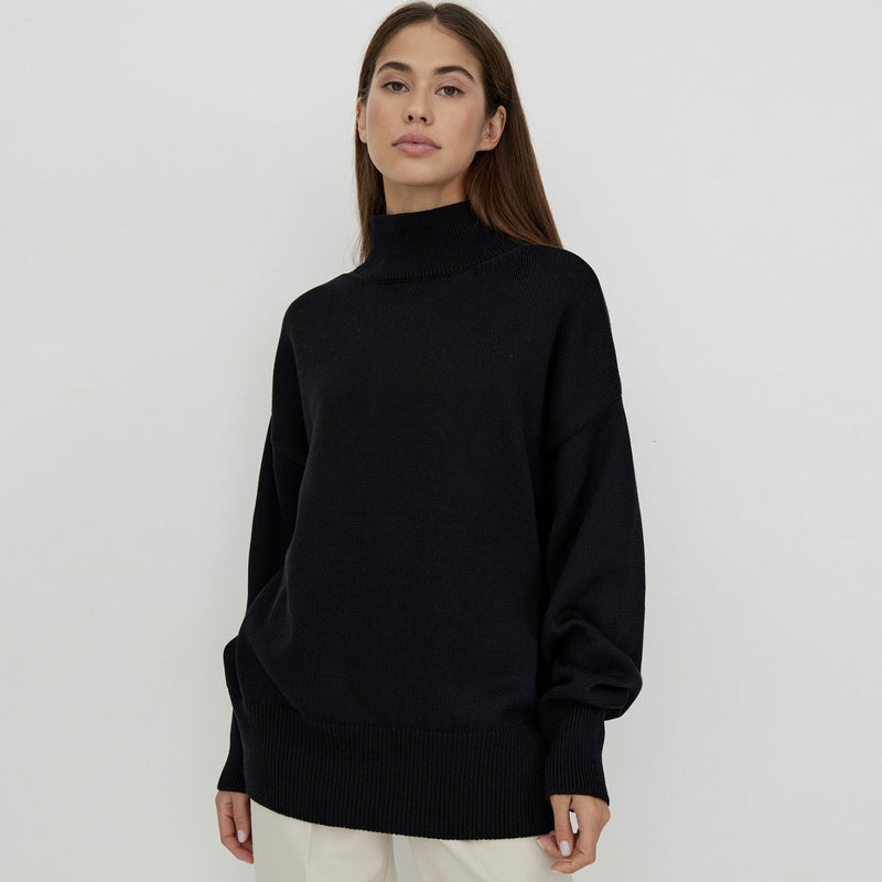 Oversized Monochrome Mock Neck Long Sleeve Drop Shoulder Pullover Knit Sweater