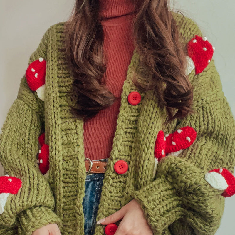 Oversized Mushroom Applique Button Front Chunky Hand Knit Cardigan
