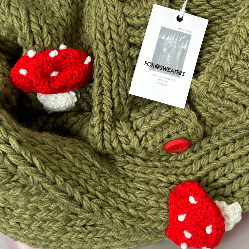 Oversized Mushroom Applique Button Front Chunky Hand Knit Cardigan