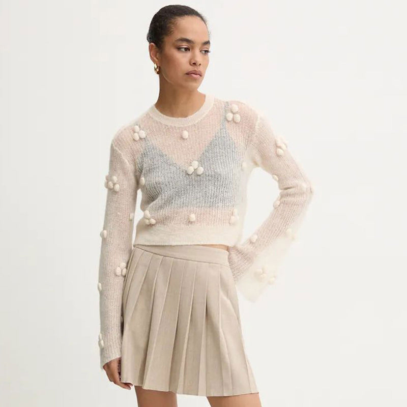 Oversized Pom Pom Detail Crew Neck Bell Sleeve Cropped Sheer Knit Top