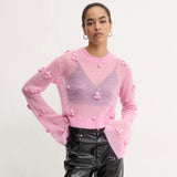 Oversized Pom Pom Detail Crew Neck Bell Sleeve Cropped Sheer Knit Top