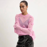 Oversized Pom Pom Detail Crew Neck Bell Sleeve Cropped Sheer Knit Top