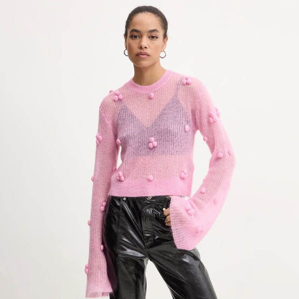 Oversized Pom Pom Detail Crew Neck Bell Sleeve Cropped Sheer Knit Top