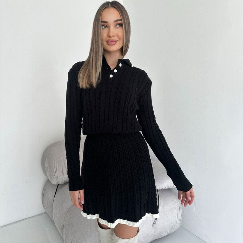 Preppy Collared Sweater and High Waist Cable Knit Mini Skirt Matching Set