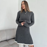 Preppy Collared Sweater and High Waist Cable Knit Mini Skirt Matching Set