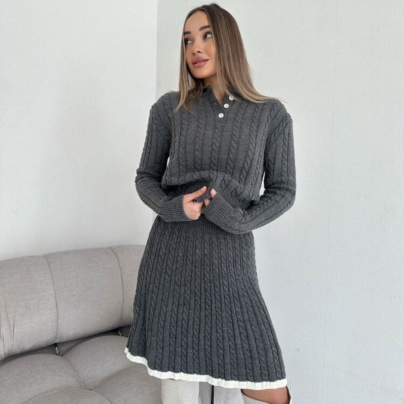 Preppy Collared Sweater and High Waist Cable Knit Mini Skirt Matching Set