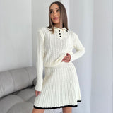 Preppy Collared Sweater and High Waist Cable Knit Mini Skirt Matching Set