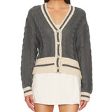 Preppy Contrast Striped V Neck Button Up Oversized Cable Knit Cardigan