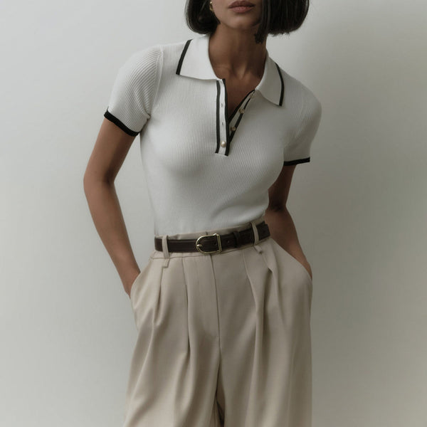 Preppy Contrast Trim Collared Half Button Short Sleeve Ribbed Knit Crop Top