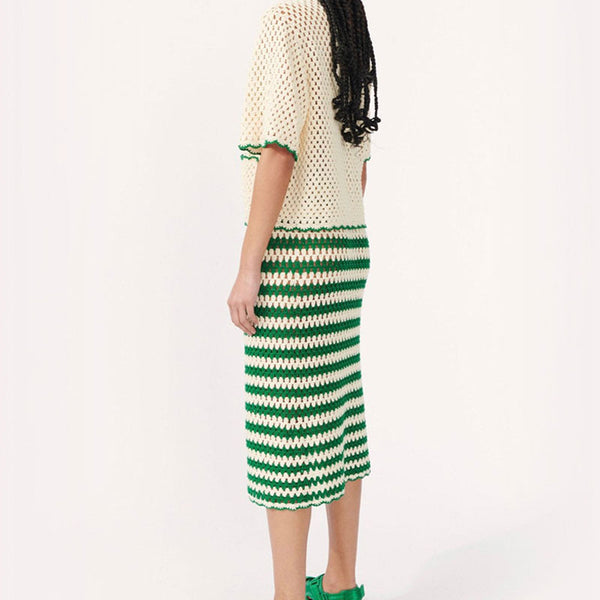 Preppy Scalloped Stripe Crochet Knit Cardigan and Midi Skirt Matching Set