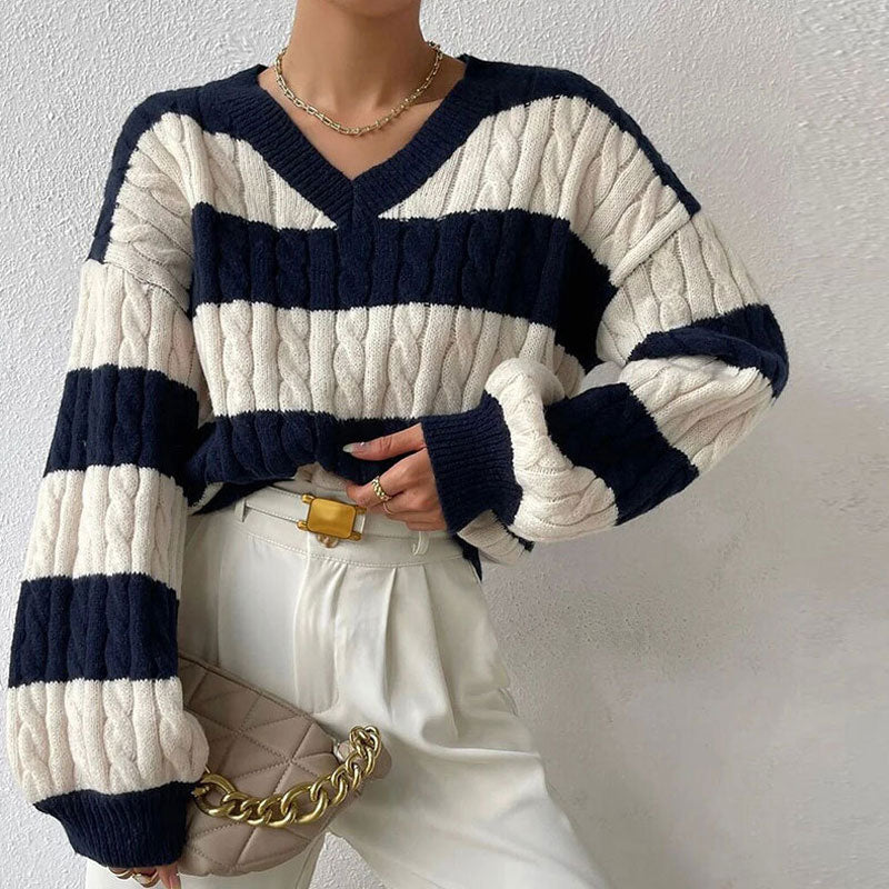 Preppy Striped V Neck Blouson Sleeve Oversized Cable Knit Pullover Sweater