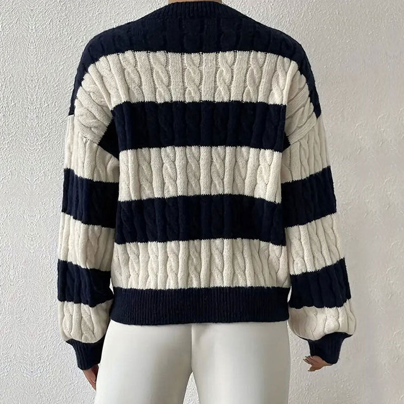 Preppy Striped V Neck Blouson Sleeve Oversized Cable Knit Pullover Sweater