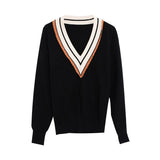 Preppy Style Contrast Striped V Neck Long Sleeve Black Sweater