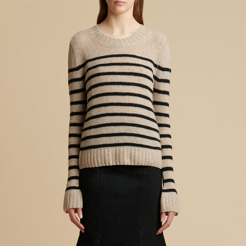 Contrast Breton Stripe Crew Neck Long Sleeve Cotton Blend Pullover Sweater