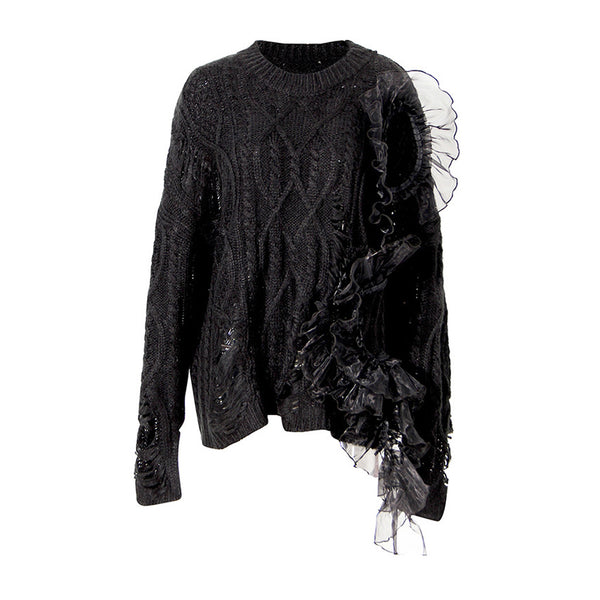 Punk Crew Neck Ruffle Detail Distressed Trim Cable Knit Oversized Sweater