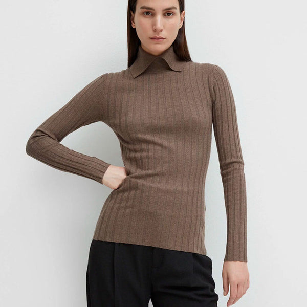 Quiet Luxury Collared Long Sleeve Chunky Ribbed Knit Blend Wool Sweater