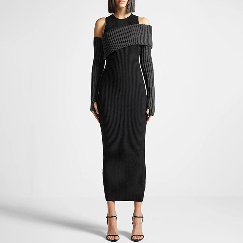 Quirky Ribbed Knit Contrast Gloved Tube Top Layered Bodycon Sweater Midi Dress