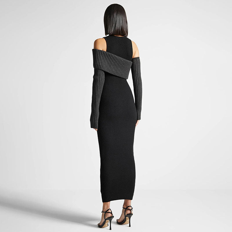 Quirky Ribbed Knit Contrast Gloved Tube Top Layered Bodycon Sweater Midi Dress