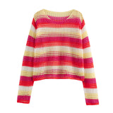 Rainbow Stripe Boat Neck Long Sleeve Oversized Crop Crochet Knit Sweater