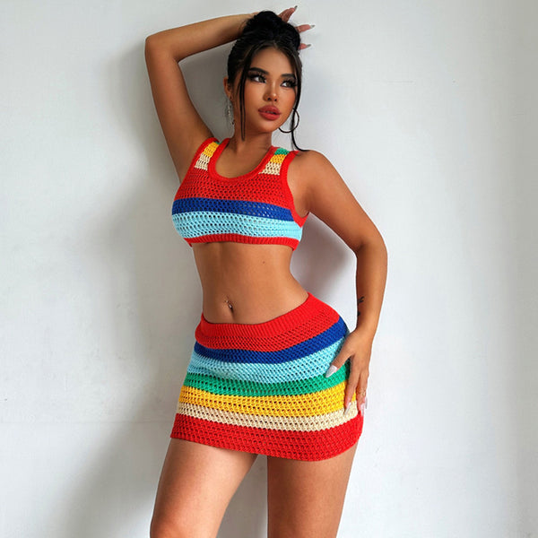 Rainbow Stripe Crochet Knit Crop Top and Bodycon Mini Skirt Matching Set