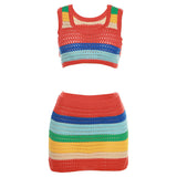 Rainbow Stripe Crochet Knit Crop Top and Bodycon Mini Skirt Matching Set