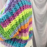 Rainbow Striped Deep V Neck Button Up Crochet Knit Oversized Chunky Yarn Cardigan