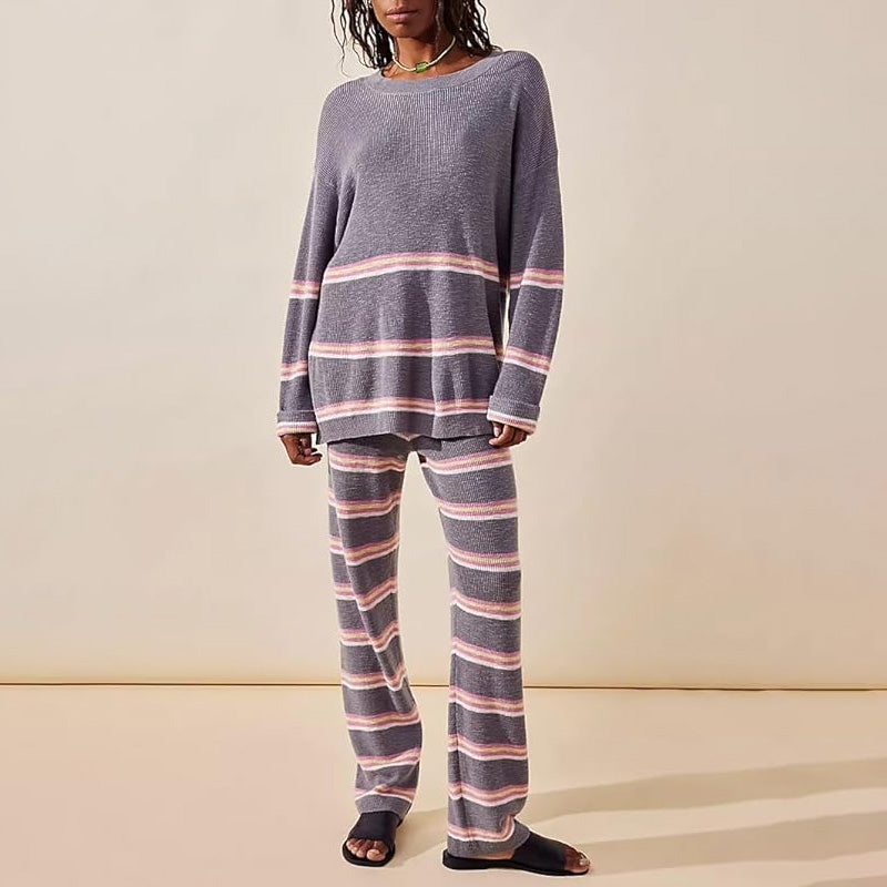 Relaxed Stripe Knit Oversized Sweater and High Rise Knit Pants Matching Set